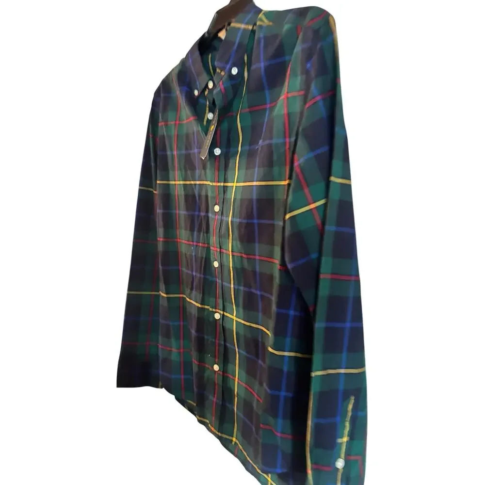Ralph Lauren Boy Shirt Tartan Plaid Holiday Green Navy Natural Stretch XL 18-20